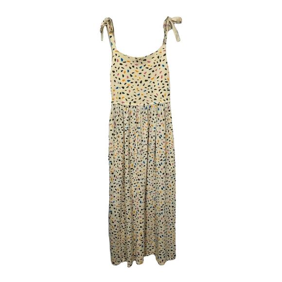 Zara Confetti Print Tie Strap Midi Dress Medium Yellow Stretch Knit Pockets - Picture 3 of 7
